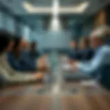 A modern boardroom setting with directors discussing strategies