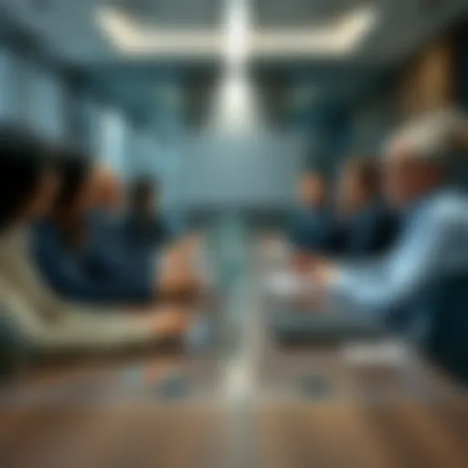A modern boardroom setting with directors discussing strategies