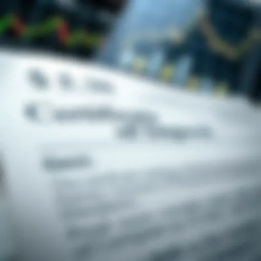 Close-up of a Certificate of Deposit document with financial graphs in the background