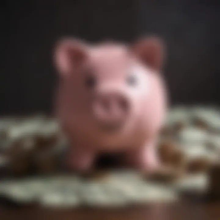 A vibrant piggy bank surrounded by dollar bills and coins