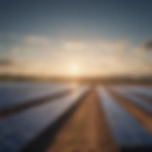 A sprawling solar farm basking under the sun's rays, symbolizing sustainable energy production.