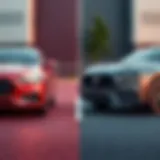 A split image showcasing a new car and a used car to represent the choice between leasing and owning.
