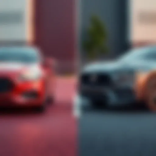 A split image showcasing a new car and a used car to represent the choice between leasing and owning.