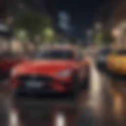 A serene urban landscape showcasing various car models available for leasing.
